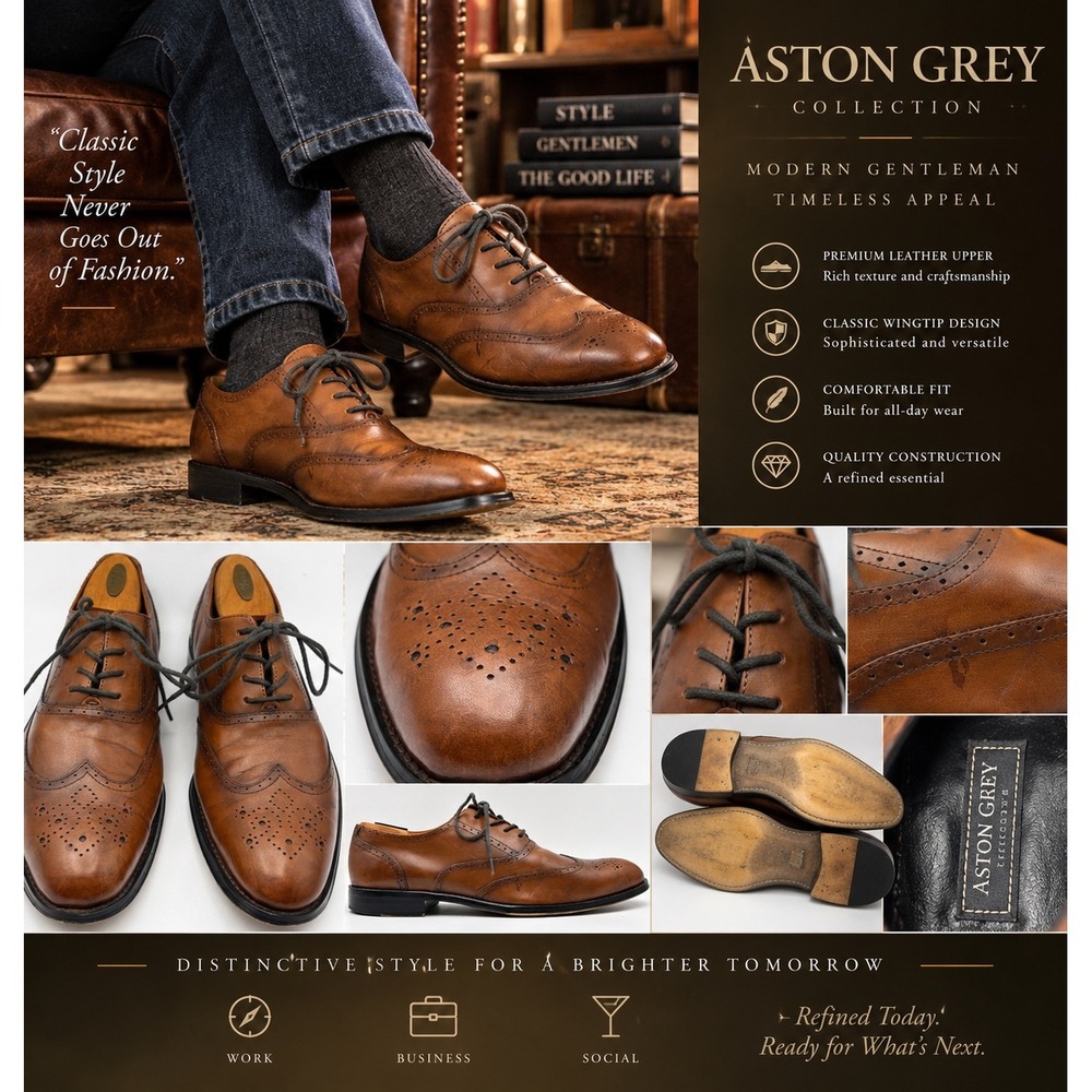 Aston Grey Collection Mens Brown Leather Wingtip Brogue Oxford Dress Shoes